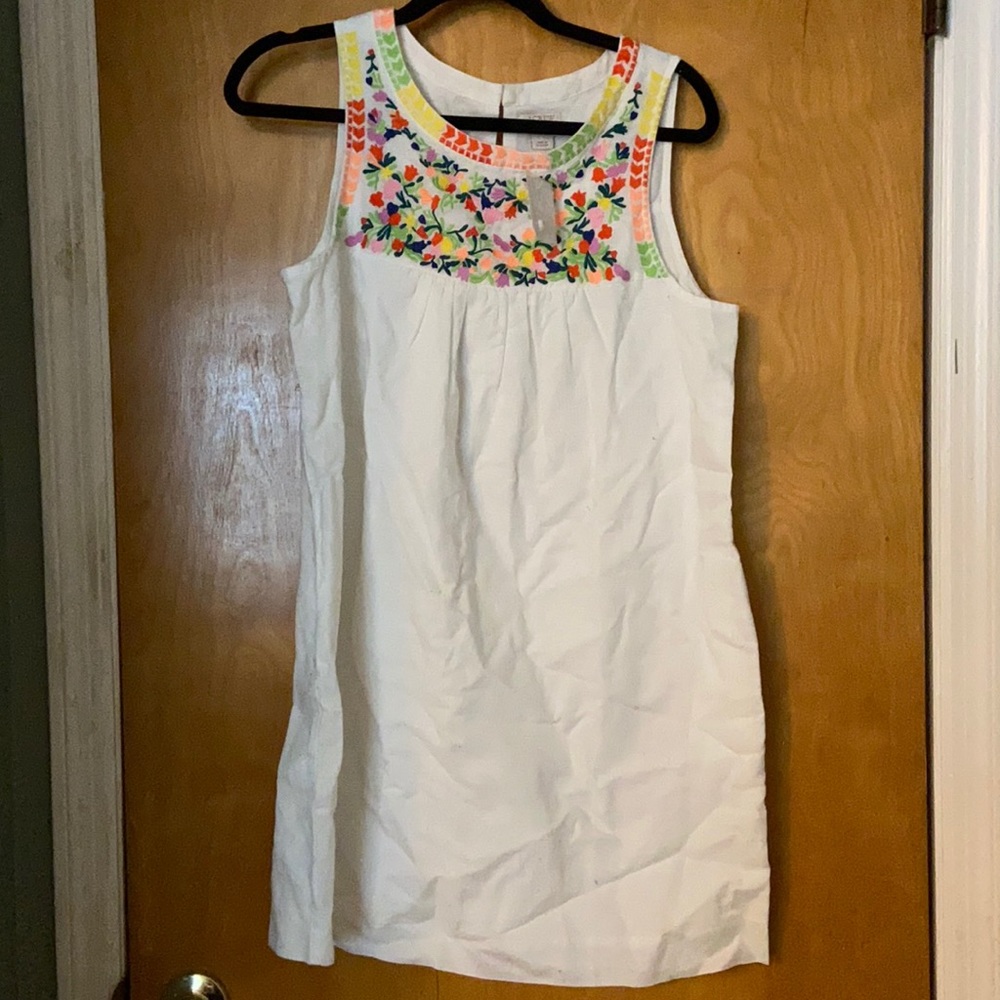 J. Crew Linen Embroidered Floral White Shift Dress